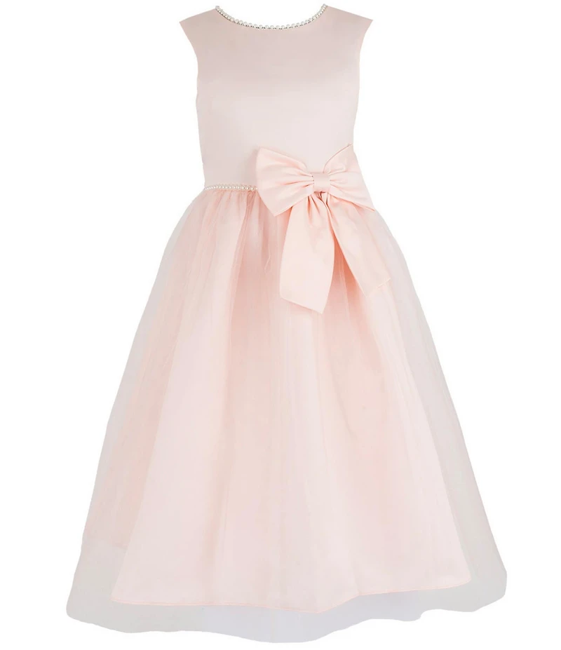 Chantilly Place Big Girls Satin Cap Sleeve Bow And Pearl Trim To Mesh Shirred Long Skirt Dress