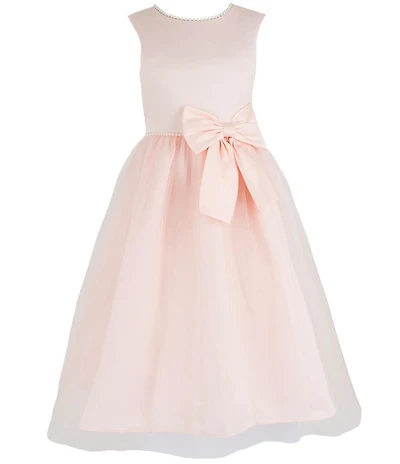 Chantilly Place Big Girls Satin Cap Sleeve Bow And Pearl Trim To Mesh Shirred Long Skirt Dress