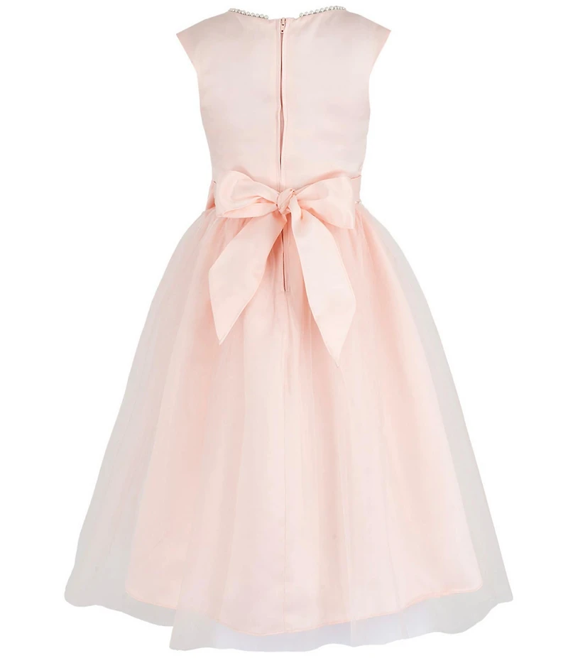 Chantilly Place Big Girls Satin Cap Sleeve Bow And Pearl Trim To Mesh Shirred Long Skirt Dress