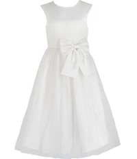 Chantilly Place Big Girls Satin Cap Sleeve Bow And Pearl Trim To Mesh Shirred Long Skirt Dress