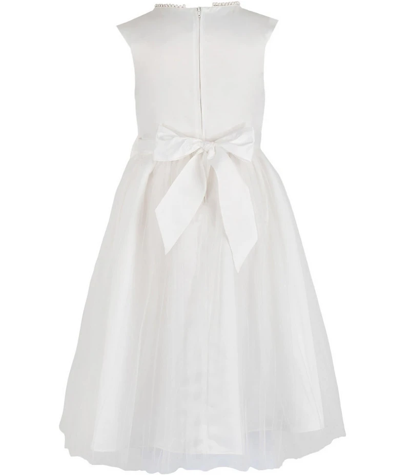 Chantilly Place Big Girls Satin Cap Sleeve Bow And Pearl Trim To Mesh Shirred Long Skirt Dress