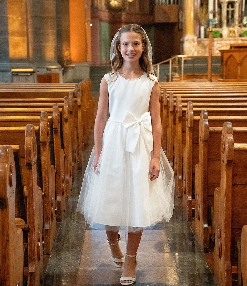 Chantilly Place Big Girls Satin Cap Sleeve Bow And Pearl Trim To Mesh Shirred Long Skirt Dress