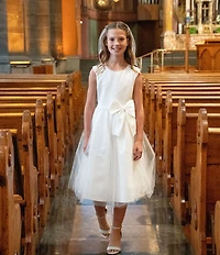 Chantilly Place Big Girls Satin Cap Sleeve Bow And Pearl Trim To Mesh Shirred Long Skirt Dress