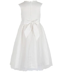 Chantilly Place Big Girls Satin Cap Sleeve Bow And Pearl Trim To Mesh Shirred Long Skirt Dress