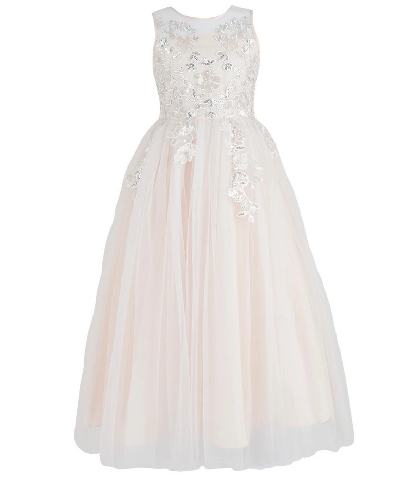 Chantilly Place Big Girls Sleeveless Floral Sequin Embroidered Shirred Mesh Skirt Back Bow Dress