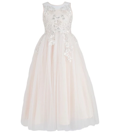 Chantilly Place Big Girls Sleeveless Floral Sequin Embroidered Shirred Mesh Skirt Back Bow Dress