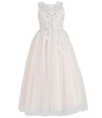 Chantilly Place Big Girls Sleeveless Floral Sequin Embroidered Shirred Mesh Skirt Back Bow Dress