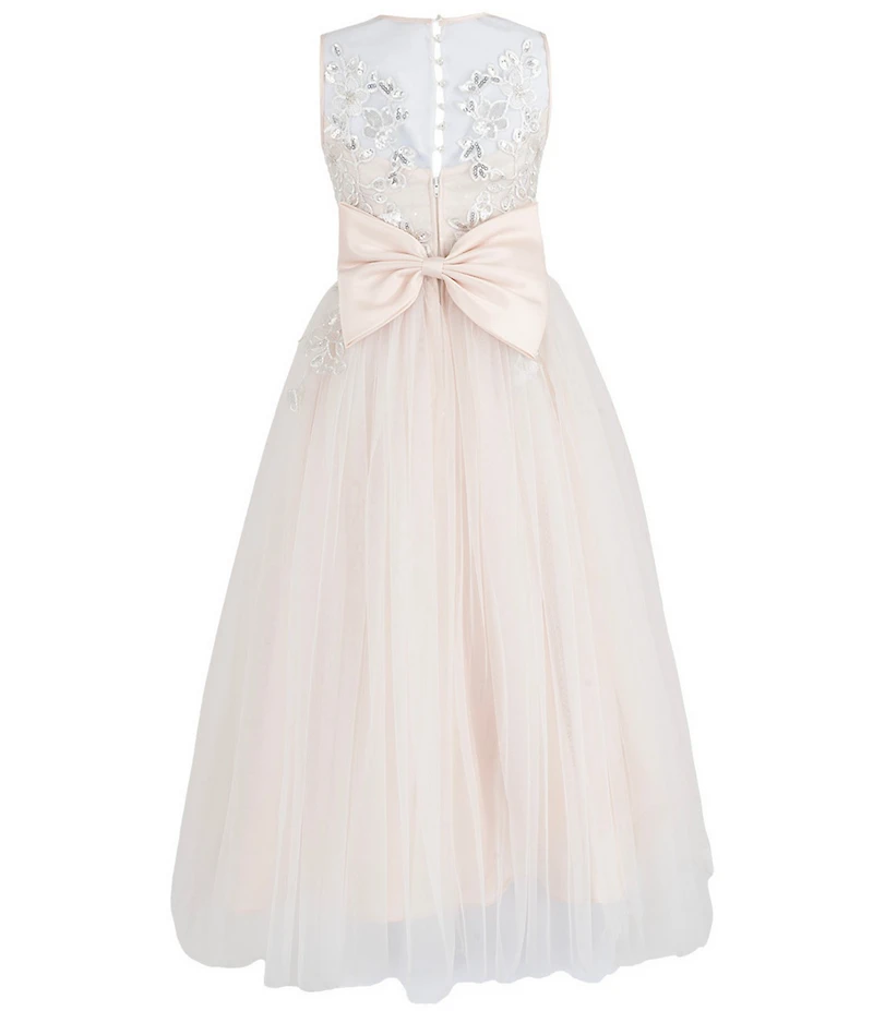 Chantilly Place Big Girls Sleeveless Floral Sequin Embroidered Shirred Mesh Skirt Back Bow Dress