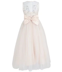Chantilly Place Big Girls Sleeveless Floral Sequin Embroidered Shirred Mesh Skirt Back Bow Dress