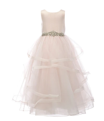 Chantilly Place Little Girls Satin/Cascade Mesh Jeweled Waist Detail Fit-And-Flare Dress