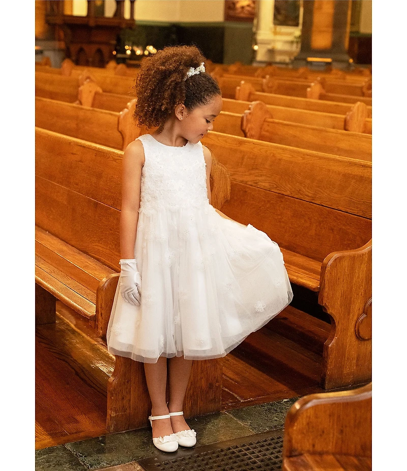 Chantilly Place Little Girls Sleeveless 3D Flower-Appliqued Bodice/Mesh-Skirted Tea-Length Dress