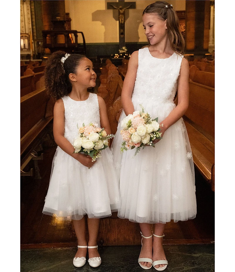 Chantilly Place Little Girls Sleeveless 3D Flower-Appliqued Bodice/Mesh-Skirted Tea-Length Dress