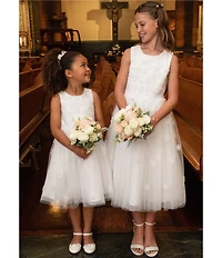 Chantilly Place Little Girls Sleeveless 3D Flower-Appliqued Bodice/Mesh-Skirted Tea-Length Dress