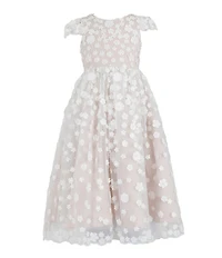 Chantilly Place Little Girls Floral 3D Beaded Mesh Cap Sleeve Bodice To Shirred Skirt Dress