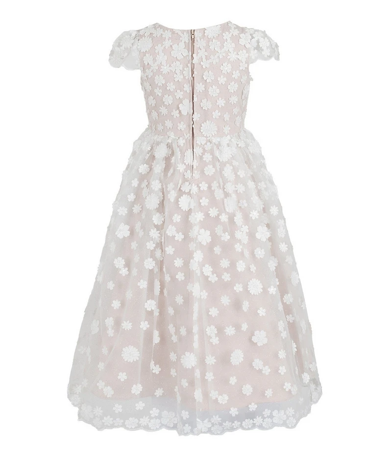 Chantilly Place Little Girls Floral 3D Beaded Mesh Cap Sleeve Bodice To Shirred Skirt Dress