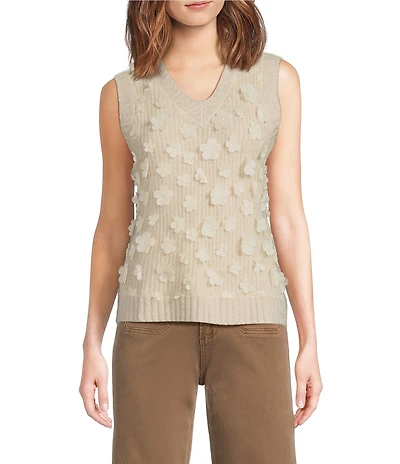 Charlie B. 3D Floral Mesh V-Neck Sleeveless Sweater Vest