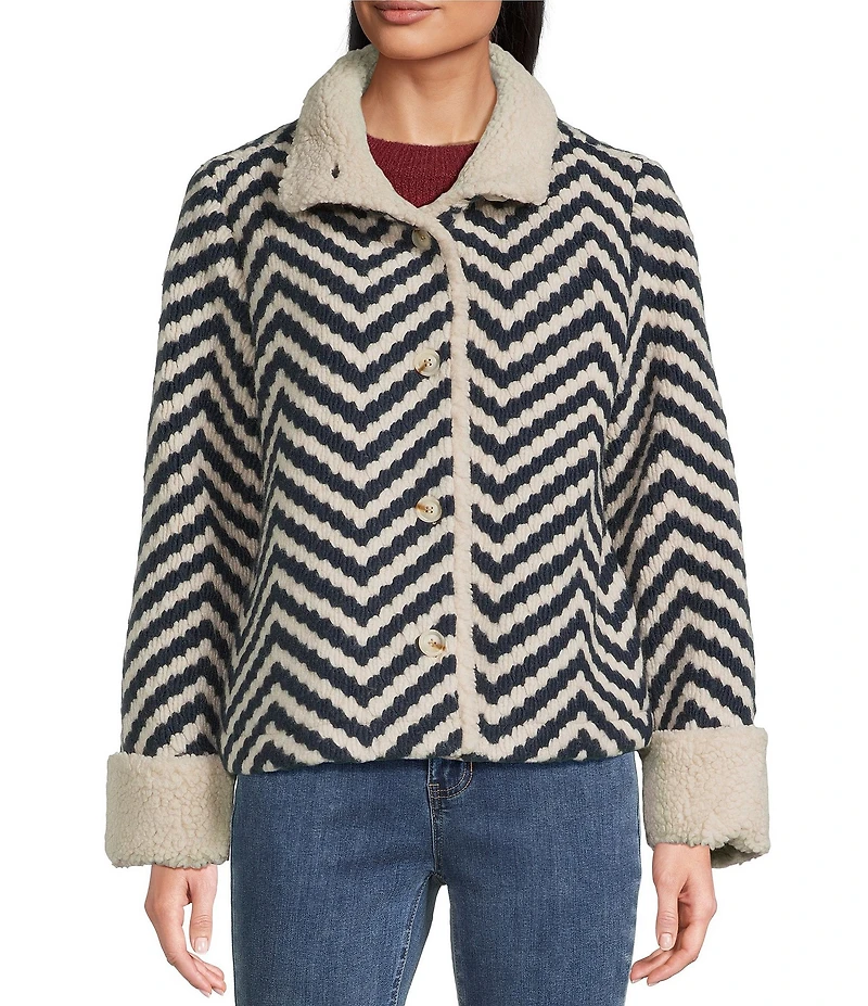Charlie B. Boucle Chevron Collared Long Sleeve Sherpa Trim Jacket