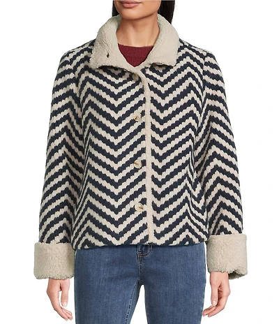 Charlie B. Boucle Chevron Collared Long Sleeve Sherpa Trim Jacket
