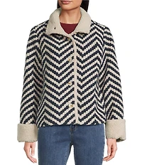 Charlie B. Boucle Chevron Collared Long Sleeve Sherpa Trim Jacket