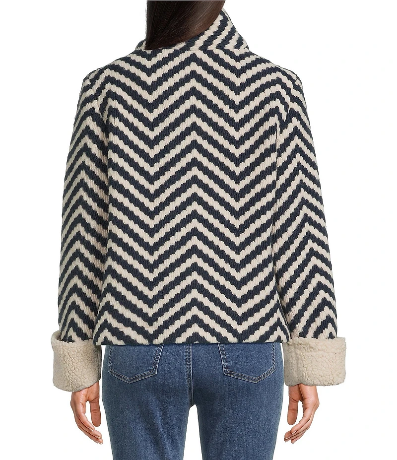 Charlie B. Boucle Chevron Collared Long Sleeve Sherpa Trim Jacket