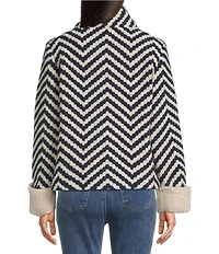 Charlie B. Boucle Chevron Collared Long Sleeve Sherpa Trim Jacket