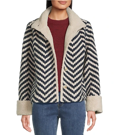 Charlie B. Boucle Chevron Collared Long Sleeve Sherpa Trim Jacket