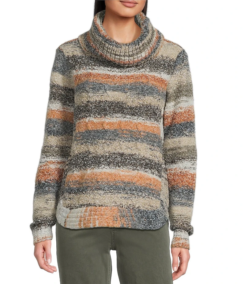 Charlie B. Wool Blend Cable Knit Striped Cowl Neck Long Sleeve Sweater