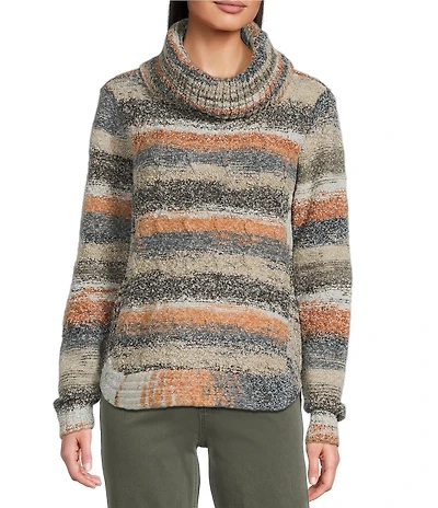Charlie B. Wool Blend Cable Knit Striped Cowl Neck Long Sleeve Sweater