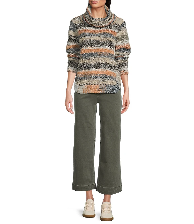 Charlie B. Wool Blend Cable Knit Striped Cowl Neck Long Sleeve Sweater