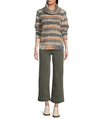 Charlie B. Wool Blend Cable Knit Striped Cowl Neck Long Sleeve Sweater