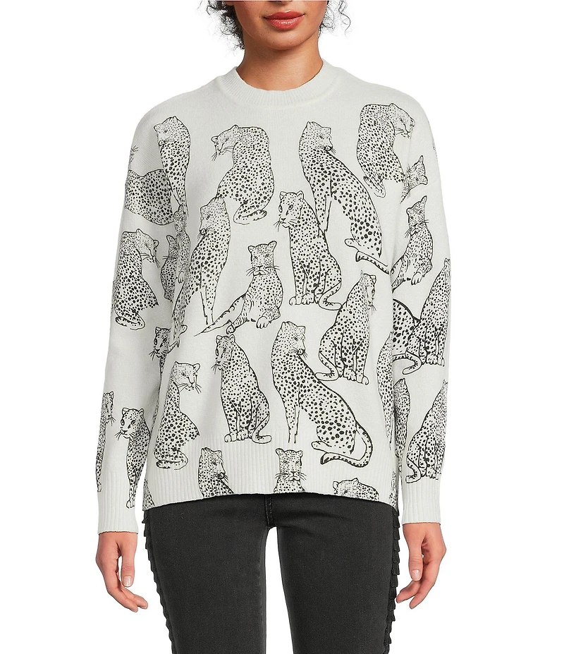 Charlie B. Cheetah Print Crew Neck Long Sleeve Sweater