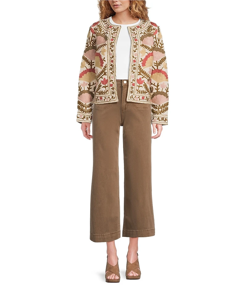 Charlie B. Collarless Long Sleeve Embroidered Open Front Jacket