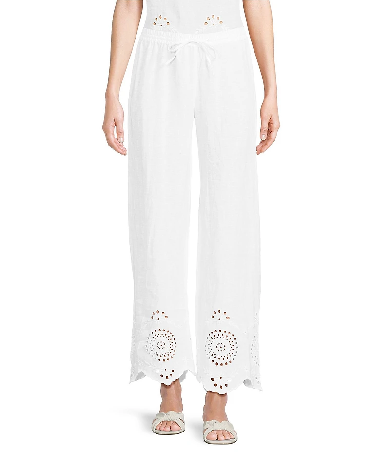 Charlie B. Coordinating Linen Eyelet Embroidered Mid Rise Drawstring Pull-On Pants