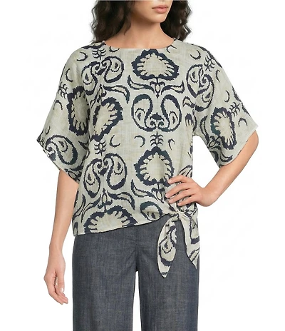 Charlie B. Cotton Gauze Abstract Print Boat Neck Short Sleeve Side Tie Blouse