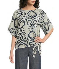 Charlie B. Cotton Gauze Abstract Print Boat Neck Short Sleeve Side Tie Blouse
