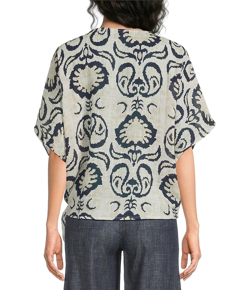 Charlie B. Cotton Gauze Abstract Print Boat Neck Short Sleeve Side Tie Blouse