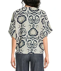 Charlie B. Cotton Gauze Abstract Print Boat Neck Short Sleeve Side Tie Blouse