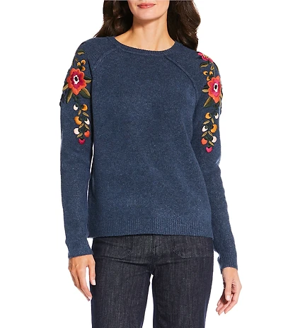 Charlie B. Crew Neck Long Raglan Sleeve Embroidered Floral Sweater