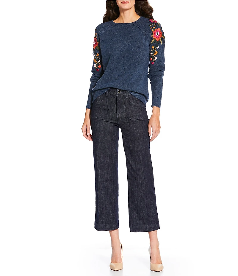 Charlie B. Crew Neck Long Raglan Sleeve Embroidered Floral Sweater