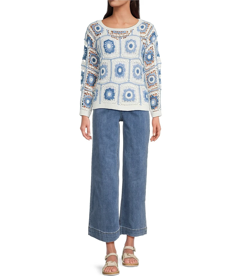 Charlie B. Crochet Knit Boat Neck Long Sleeve Sweater