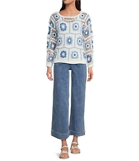 Charlie B. Crochet Knit Boat Neck Long Sleeve Sweater