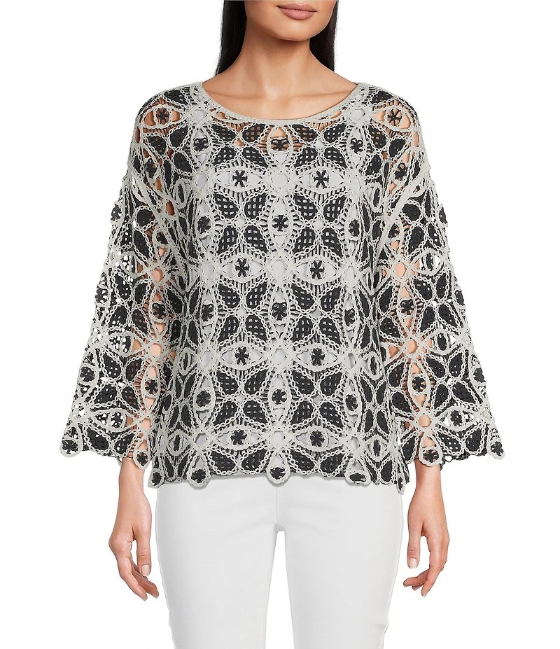 Charlie B. Crochet Knit Boat Neck Long Sleeve Top