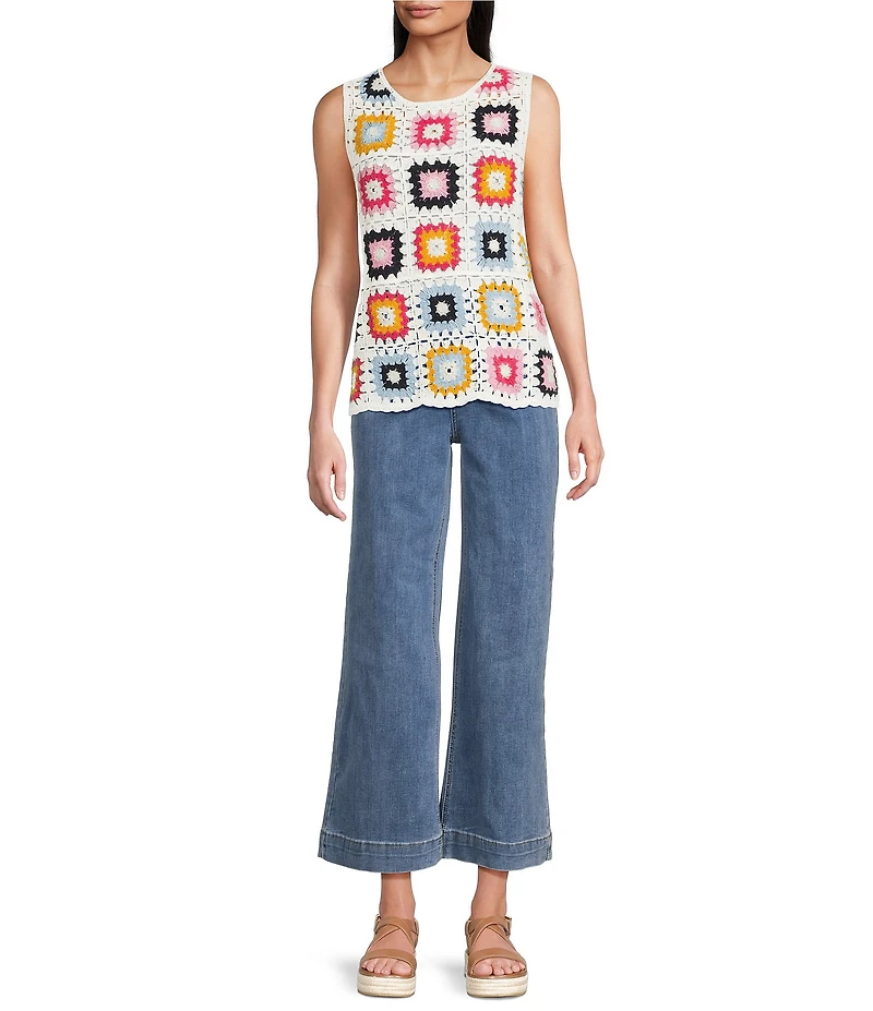 Charlie B. Crochet Knit Geometric Crew Neck Sleeveless Top