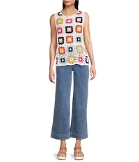 Charlie B. Crochet Knit Geometric Crew Neck Sleeveless Top