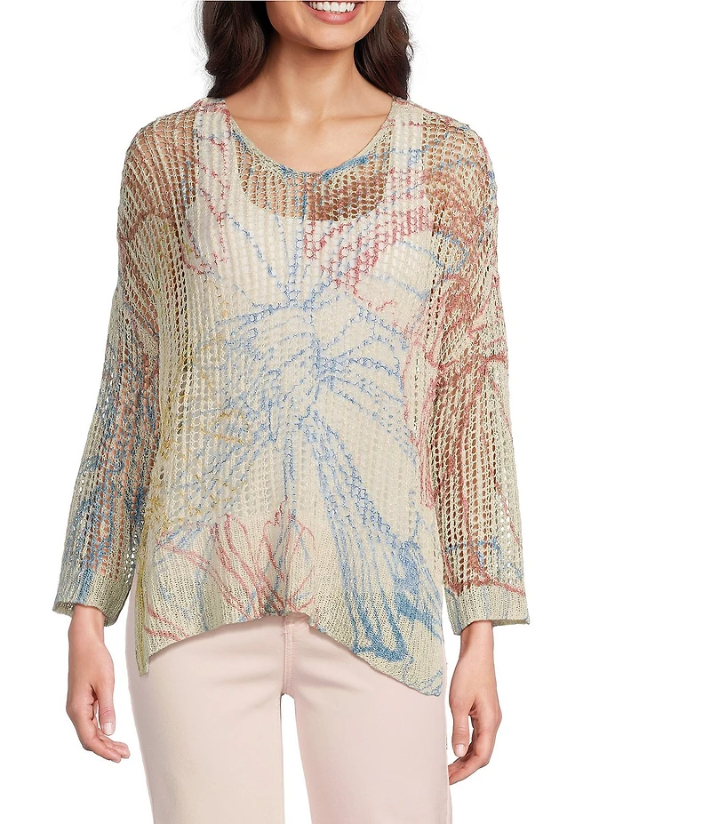 Charlie B. Crochet Knit Round Neck 3/4 Sleeve Top