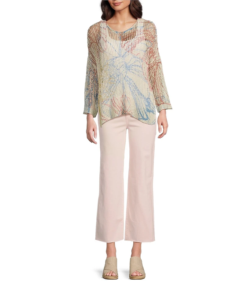 Charlie B. Crochet Knit Round Neck 3/4 Sleeve Top