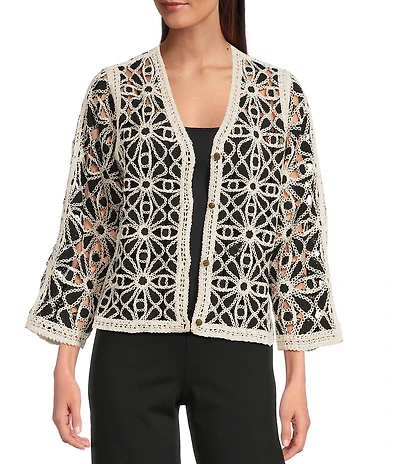 Charlie B. Crochet Knit V-Neck 3/4 Sleeve Cardigan