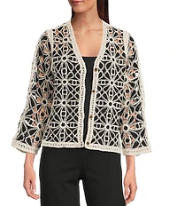 Charlie B. Crochet Knit V-Neck 3/4 Sleeve Cardigan