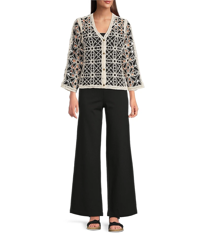 Charlie B. Crochet Knit V-Neck 3/4 Sleeve Cardigan