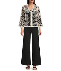 Charlie B. Crochet Knit V-Neck 3/4 Sleeve Cardigan